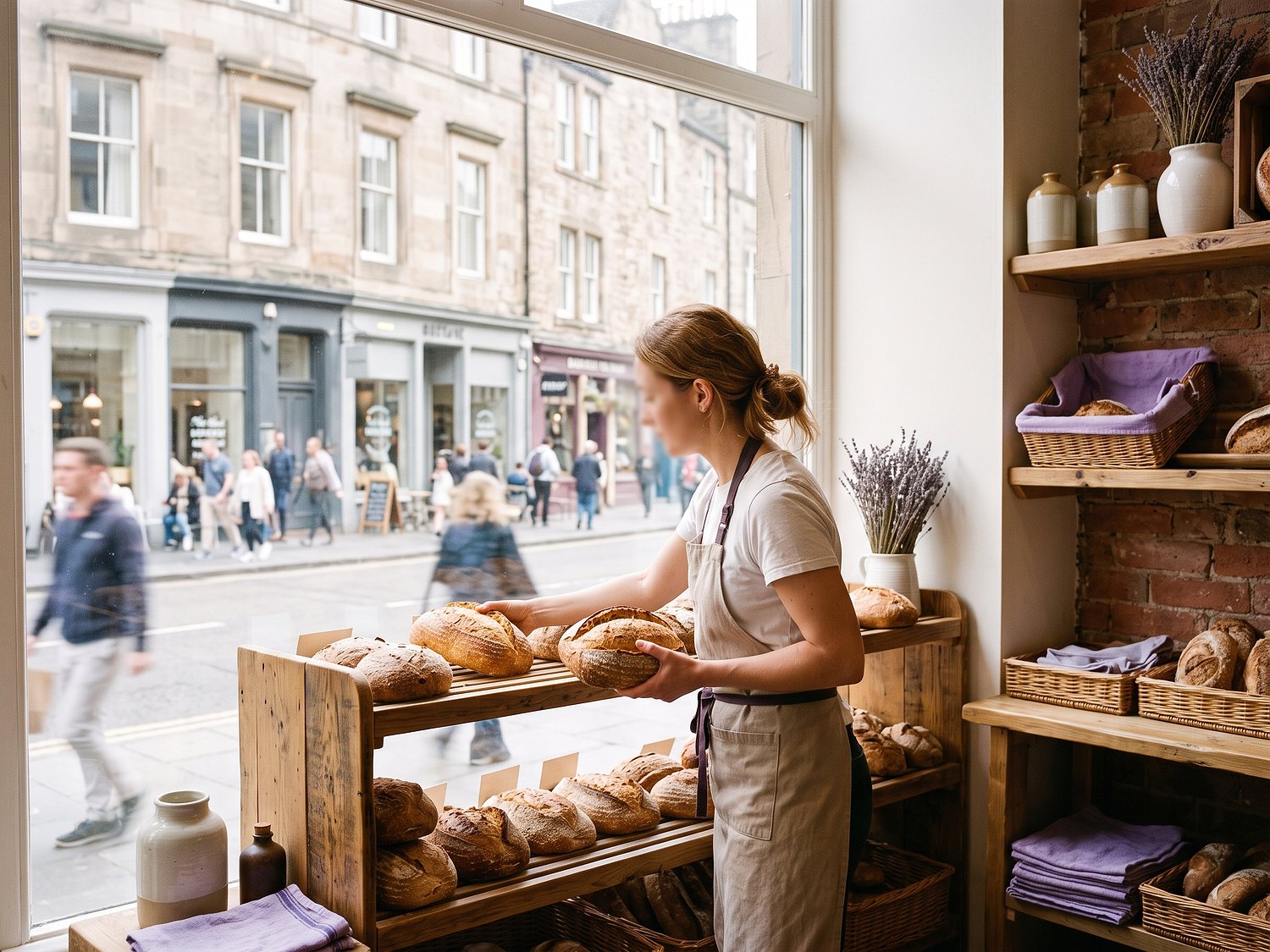 A baker arranging fresh loaves in the window
