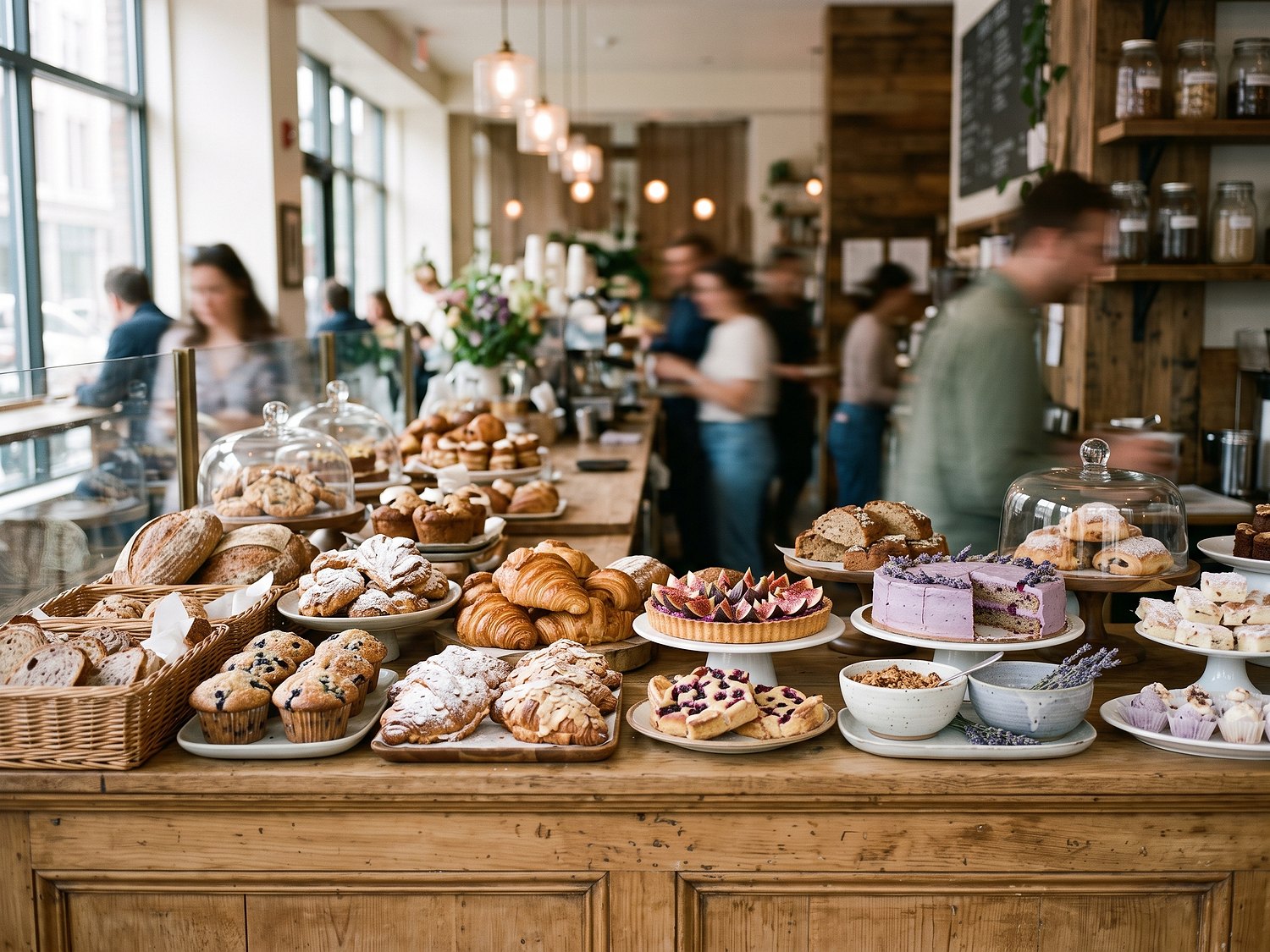 A café counter of pastries, seen like a passing card