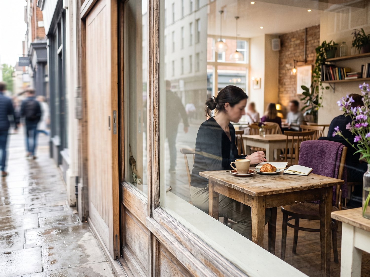 A cosy café window table glimpsed while drifting past