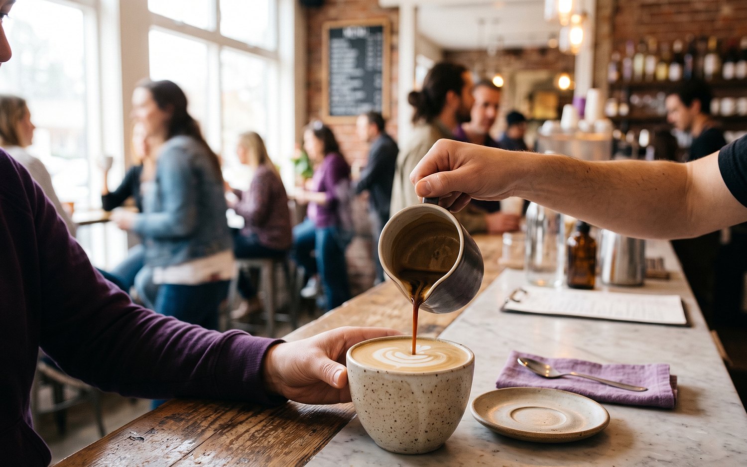 Coffee poured at a bright counter, a relaxed moment