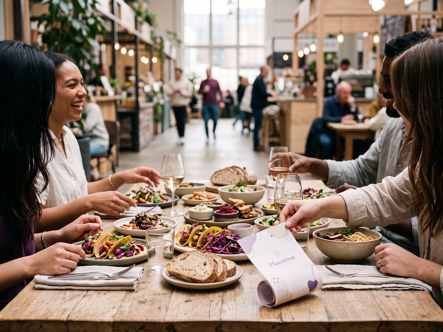 Friends sharing a spread of dishes around a table