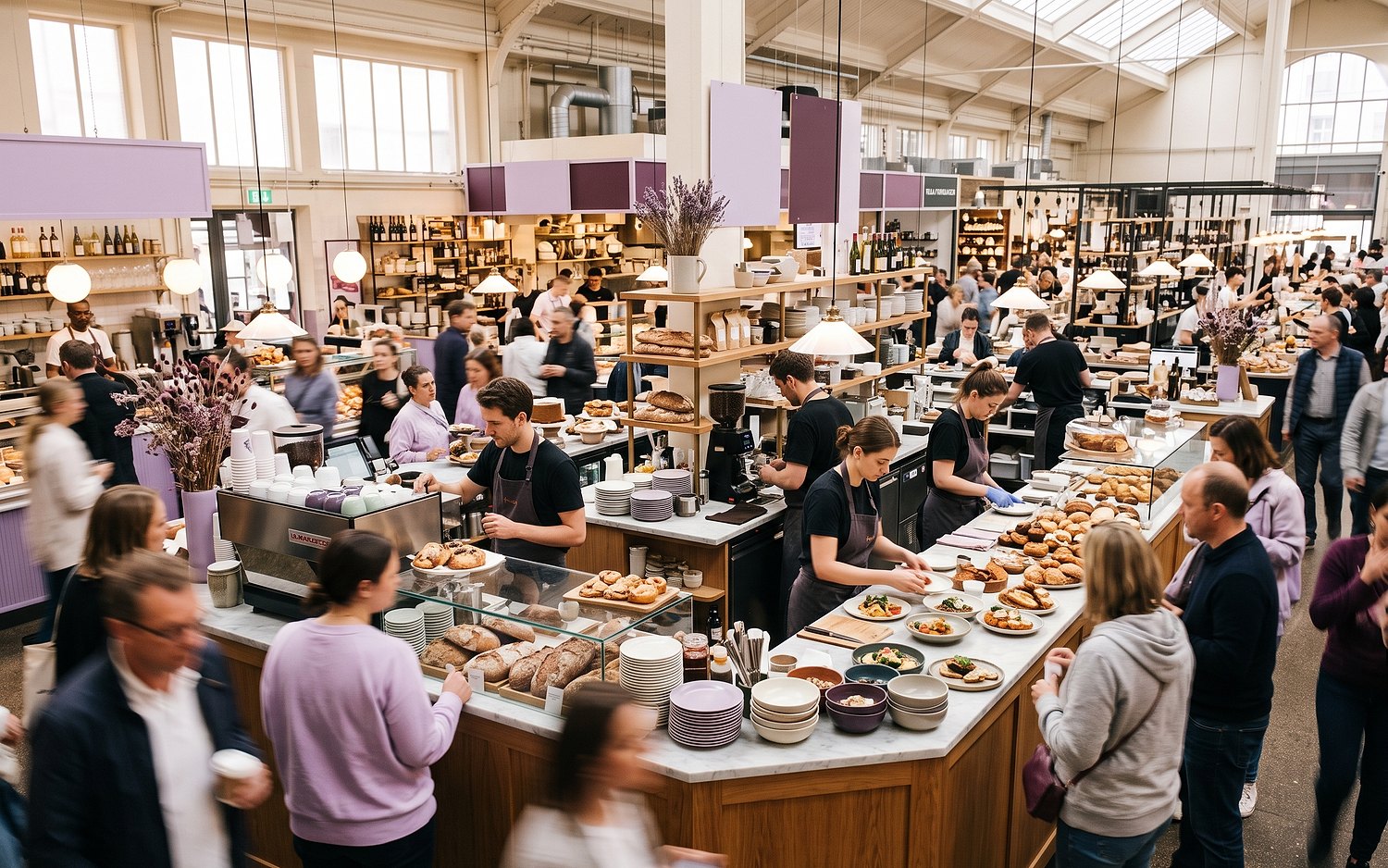 A lively wide bistro counter in full swing